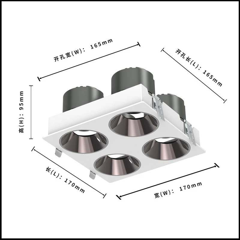 DL4015-4-size2 DL4015 LED Downlight with Cree COB Technology, Adjustable Angle, Four-Head, 5-Year Warranty