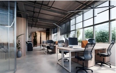 LED suspended linear light installed in modern office interior, featuring sleek design and 5-year warranty.