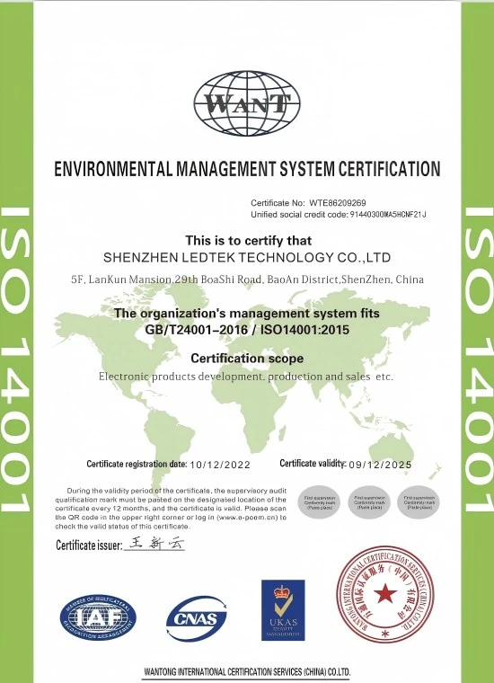 LEDTEK ISO14001 Certifications